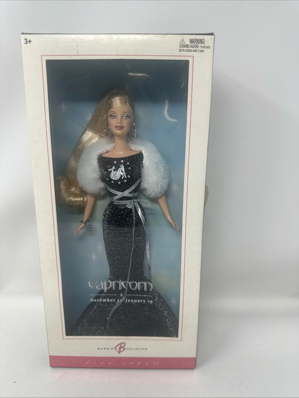 Barbie Capricorn Doll in Black Glitter Gown with White Fur Stole